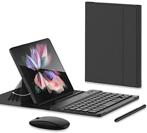 COQUE Souris Bluetooth,Clavier,étui en Cuir,Stylet+Fente Stylo téléphone Bureau kit,Support de Cas de téléphone Portable pour Oppo Find N-Fibre Carbone