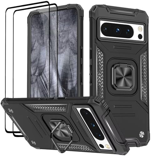 KANSi Cover per Google Pixel 8 Pro, Vetro Temperato [2 Pack] Custodie Silicone TPU 360° Rotante Anello Magnetica Anello Ring Supporto Bumper - Nero