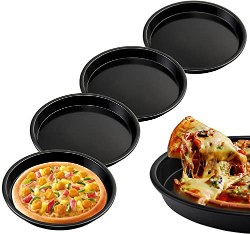 Fzyisw Moules à Pizza, Lot 4 Plaque Pizza Ø 18,1 cm, Plaque Pizza Four Antiadhésifs en Acier Carbone, Plat a Tarte, Moules Tartelettes Individuelles, Ronde, Noire
