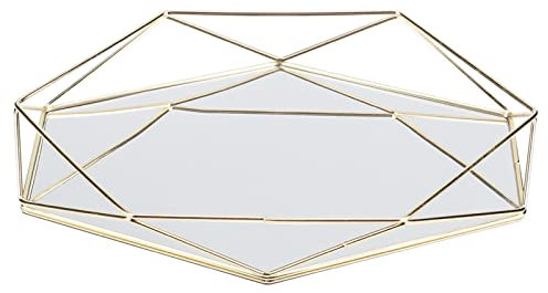 VIFERR Vassoio Specchio di Vetro Vintage Vassoio Per Specchio Esagonale Organizer Decorativo per Profumi Cosmetici Gioielli Bagno (Oro)