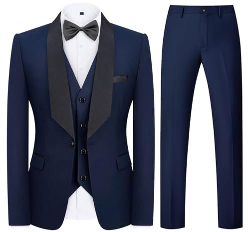 KUDMOL Costume Homme 3 Pièces Slim Fit Mariage d'affaires Smoking Homme à Un Bouton pour Bal Blazer Veste et Pantalon Gilet(Bleu Marin,M)