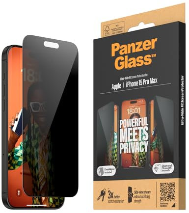 PanzerGlass™ Privacy Screen Protector für das iPhone 15 Pro Max - kratzfestes gehärtetes Glas für den iPhone-Bildschirm und den Privacy-Schutz - mit Montagehilfe für einfache Installation