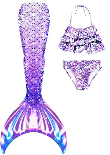 DNFUN Meerjungfrauenschwanz mit Bikini zum Schwimmen für Mädchen Meerjungfrau Schwanz Schwimmen kostüme für Kinder,ohne Einlagen Hart Monoflosse 3 Stück