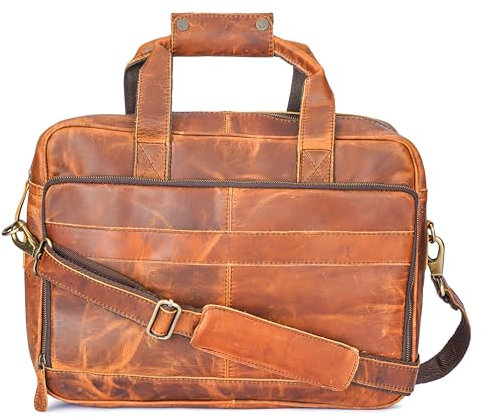 Ajuny Leather Briefcase Laptop Messenger Bag for Men and Women Vintage Large Computer Adjustable Strap Shoulder Bags for College School Office Business Travel Satchel Bag (Tan, 16-Inch)