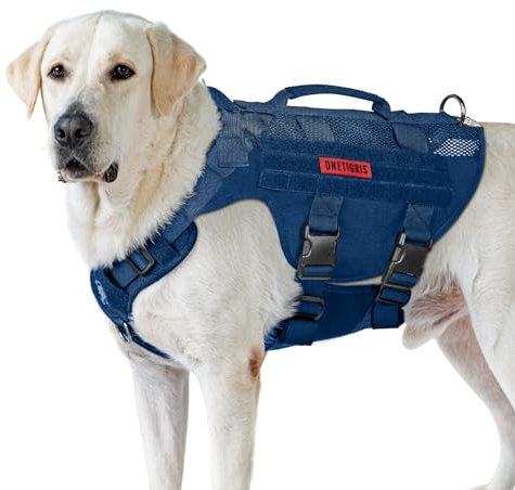 OneTigris Hundegeschirr Grosse Hunde, AIRE MESH Taktisches Anti Zug Geschirr mit 2 Griff Verstellbar Brustgeschirr No Pull Dog Harness Atmungsaktiv Blau XL