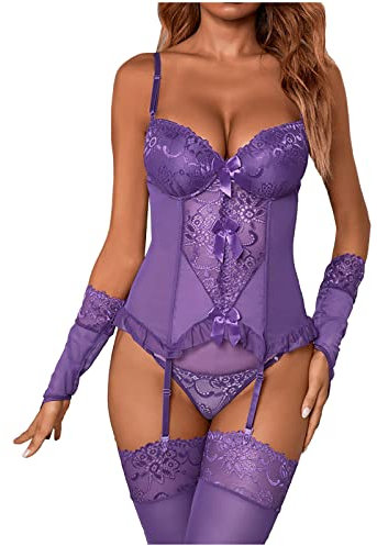 QWUVEDS Print Mesh Dessous Dessous fünfteiliges Set sexy Unterwäsche mit Socken Handschuh Man Dessous (Purple, L)