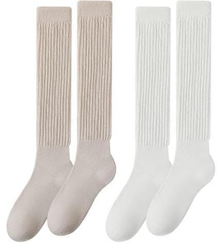 EUPSIIU 2 Paar Damen Kniestrümpfe, Knit Cotton Slouch Socken, Lässige Socken Gestrickte Kniehohe Stiefelsocken Extra Lange Lose Socken Thermosocken 80er Retro Outfit Party Zubehör (Baumwolle, XL)