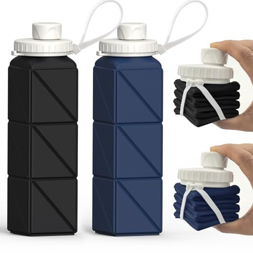 Faltbare Trinkflasche 610ml, Leichte Silikon Wasserflasche, Zusammenklappbar, Auslaufsicher, Für Fitness, Radfahren, Outdoor, Camping, Wandern, BPA-frei, Tragbar, Wiederverwendbar (Schwarz+Dunkelblau)