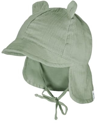 maximo GOTS Baby-Schildmütze, Öhrchen Musselinstoff, Nackenschutz, Bindeband