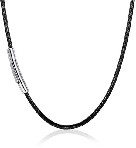 Hernin Schwarz geflochten Lederkette Lederband, Kunstleder Halskette/Armband,2/3mm Schwarz Kunstleder Halskette Braid, Edelstahl Verschluss Wachs Lederkette 46-61cm Länge (schwarz-2mm, 60)