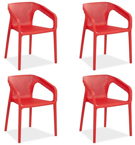 Homestyle4u 2686, Gartenstuhl Stapelbar Kunststoff Rot 4er Set mit Armlehnen Wetterfest Gartenmöbel Stühle Modern