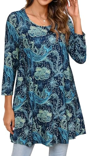 Enmain Maglia Tunica Donna Manica Lunga Maglietta a Maniche Lunghe 3/4 Taglie Forti Blusa Scollo Tondo Floreale Stampata Camicia Elegant Blu 2XL