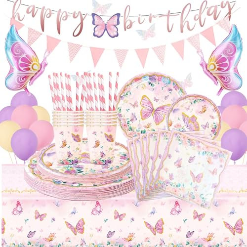 Party Paper Plates Cups and Napkins Set, Butterfly Birthday Party Decorations, Party Tableware Set Including Balloons Tablecloths Cups Straws Napkins for Birthday Decoration Girls Party 16 Gueststs
