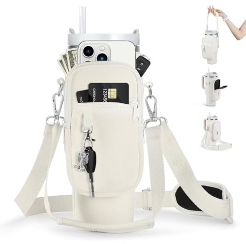 linmaya Water Bottle Carrier Bag with Phone Pocket for Stanley 40/30 oz Tumbler Neoprene Water Bottle Holder Pouch with 2 Adjustable Strap & 3 Leak Stoppers for Stanley Cup Accessories