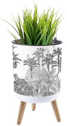 Nahtloser Rand, 35,6 cm, Pflanztopf mit Massivholzbeinen für Innen- und Außenbereich, dekorativer Blumentopf mit Leopardenpapageien, Wiedehopf, Oleander, Hibiskusblumen, Wasserstandssensor im