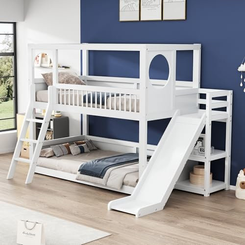 Idemon Letto a castello per bambini, letto matrimoniale, multifunzione, con ripiani, con scivolo, senza materasso, bianco, 90 x 200 cm