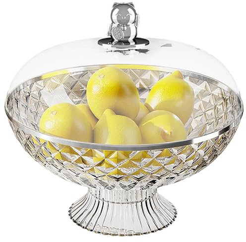 Comebachome 10.2 Clear Plastic Fruit Bowl with Lid & Drain-Hole, Decorative Pedestal Bowl with Lucky Cat Handle Lid, Fruit Basket with Cover for Vegetables, Bread