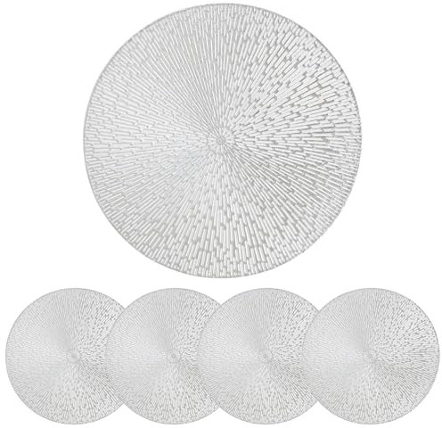 D-buy Round Placemats Silver Set of 4 Vinyl Placemats 15 in, Hollow Washable Clean Wipeable Non-Slip Stain Heat Resistant Dinning Table Place Mats for Wedding Party Decoration Home Dining Tableware