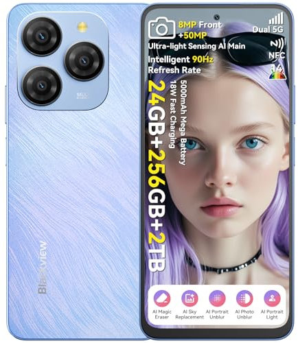 Blackview 5G Mobile Phones, Shark 9, Android 14 Phone, 24GB+256GB/2TB, Al Algorithms, 6.67, 5000mAh/18W, 50MP Camera, Sim Free Unlocked Mobile Phones, Triple Card Slots/Fingerprint/Face ID/NFC-Blue