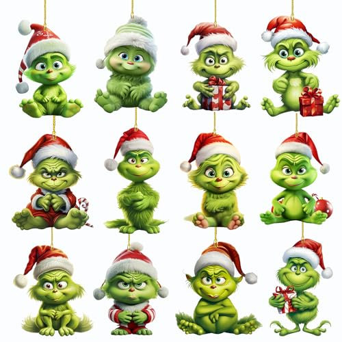 Weihnachtsdekorationen,12Pcs Grin-ch Weihnachtsschmuck, Elf Weihnachtsdekorationen, 2D Acryl-Hängende Ornament Weihnachtsbaumschmuck, Grünhaariges Monster Xmas Decor für Zuhause, Feiertage, Partys