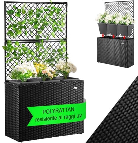 BAKAJI Fioriera da esterno con spalliera in polyrattan, 3 Vasi Removibili Contenitori per Piante, Traliccio da Esterno con grigliato ideale x Giardino, Balcone, Terrazzo, Pianta Rampicante (Nero)