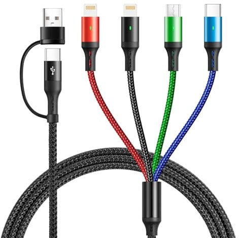 YTLUSN 6 en 1 Multi USB Cable 3 A/1.2 M, cable de carga rápido de sincronización de datos de nailon universal con 2 cables Lightning Micro USB tipo C para iPhone16 15 14/Android/Galaxy/Carplay (1)