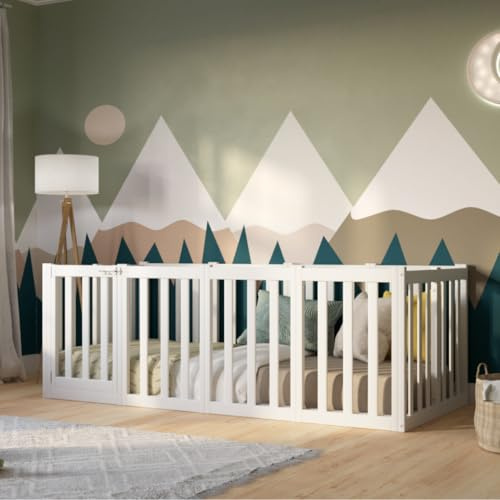 Crazy Pine Kinderbett 140x190 cm – Montessori Bodenbett mit Hohem Rausfallschutz 73cm und Öffnbarer Barriere - Weiß mit Glatter Oberfläche - Perfekt für Jungen und Mädchen Crazy John