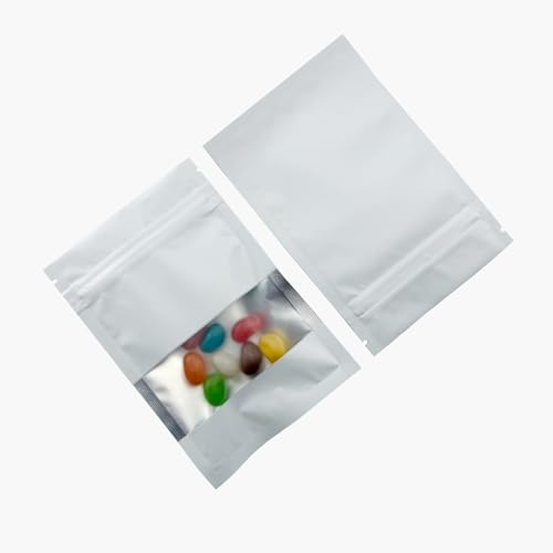 WACCOMT Pack Lot de 100 Sacs Refermables Aluminium Mat Fenêtre 8x12cm | Mat Blanc, Fermeture à Glissière, Mylar, Refermables à Chaud, Pour le Stockage
