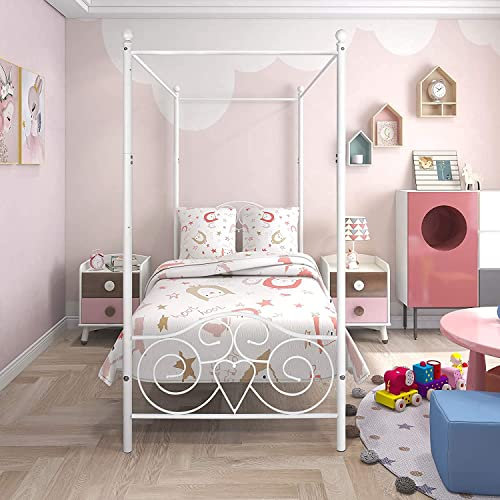 HAHRIR Single Canopy Bed Frame Platform,90x190cm Single Size Bed Frame with Vintage Headboard and Footboard, Heavy Duty Steel Slats and Support with Mattress Foundation,White