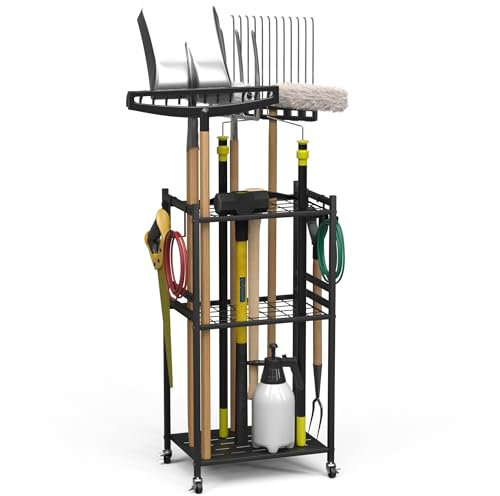 Anvuda Organizador de herramientas de jardín, estantería de almacenamiento de 3 niveles para garaje, soporte para dispositivos, organizador de acero al carbono, multiusos con ruedas, soporte de metal