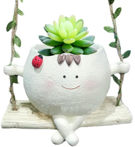 Artificial flowers Swing Face Planter Pot Hanging,Hanging Resin Flower Head Planters,Fade-Resistant Hanging Flower Pots for Herbs Succulent Balcony Garden Home Decor(B)