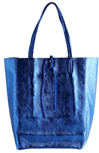 MIRROSI Shopper Damen aus Echtleder – Made in Italy – Henkeltasche & Tragetasche 38x38x16 cm – Einkaufstasche in vielen trendigen Farben – passt für A4-Ordner (Metalic Royalblau)