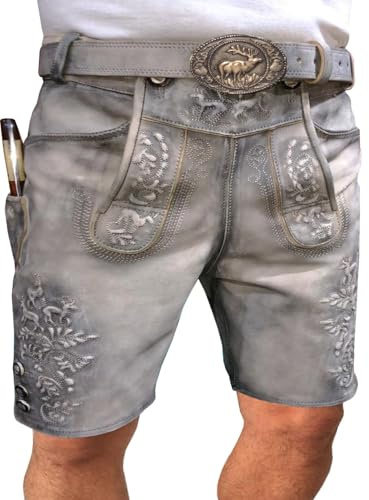 sais Trachten Lederhose, Trachtenlederhose, Oktoberfest Herren Lederhose Trachtenhose inkl Gürtel Größe 48-58 (DE/NL/SE/PL, Numerisch, 52, Regular, Kurz)