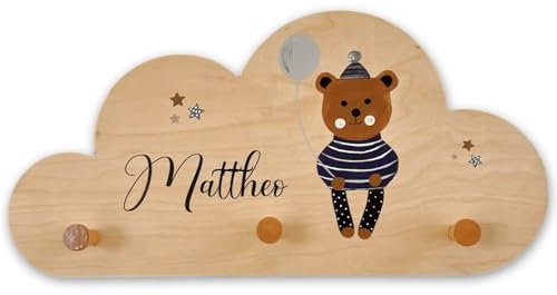 EmiliaLotte Kindergarderobe Personalisiert mit Wunschname I Garderobe Kinder aus Holz - Verschiedene Motive & Farben I Wandgarderobe Kinder mit 3 Haken - 41x20 cm I Montessori Garderobe