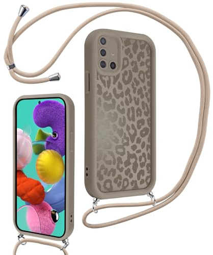 Xylota Handyband für Samsung Galaxy A51 4G Hülle mit Band, Silikon Aesthetic Leopard Muster Design Handyhülle mit Kette Kordel Schlüsselband, Schutzhülle für Samsung A51 4G 6,5'' zum Umhängen, Braun