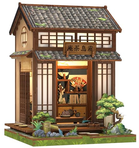 Fsolis Book Nook Kit - Kirishima Cha-an - Puzzle 3D en Bois avec Lumière LED à Capteur - Maison Miniature DIY Style Japonais Zen - Décoration de Bibliothèque & Cadeau de Modélisme pour Adultes