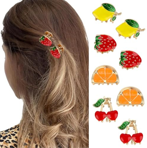 ZenithAura 8 Pièces Petits Accessoires pour Cheveux de Fruit Mini pour Femmes et Filles Cerise Citron Fraise Orange Design Métal Cheveux Plaque Amusant Été Cheveux