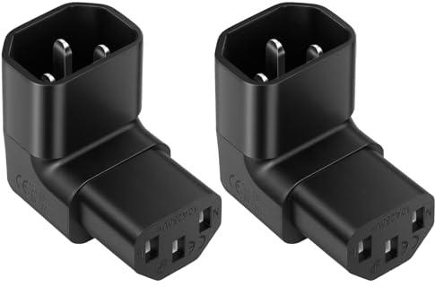 AXFEE 2Pc Enchufe IEC C14 a C13 en Ángulo Recto,Diseño 90 Grado hacia Abajo | Material PVC, 250V 10A, Conector IEC 320 C14 a C13 de 90Grado, para Ordenador, Monitor, Impresora, Electrodomésticos(Negro)