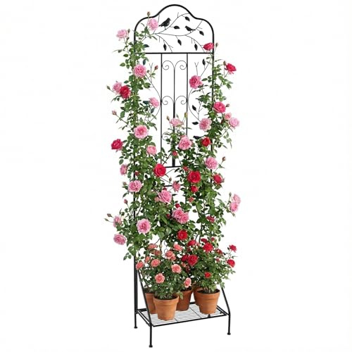 COSTWAY Traliccio per Rampicanti Metallo con Ripiano Pieghevole, Graticcio per Piante da Esterno, Griglia per Piante Rampicanti per Giardino, Cortile e Patio, 50 x 30 x 189,5 cm (Nero,1)