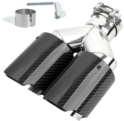 Catekro 63mm Doppeltes Auspuff Endrohr, Auspuffspitzen aus Edelstahl & Kohlefaser Universal für Auto mit 2,5 Einlass Sportliches Auspuffrohr Endrohr Exhaust Tailpipe (Glänzendes Schwarzes Silber)
