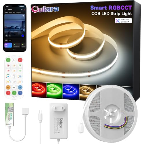 OULARA Smart RGBCCT COB LED Streifen 6M,Dimmbar RGB+WW/CW 2700K-6500K 24V LED Strip Kit LED Band mit APP Steuerung/RF Fernbedienung und Netzteil,Gruppen Kontrolle,Musik Modus für DIY Home Dekor