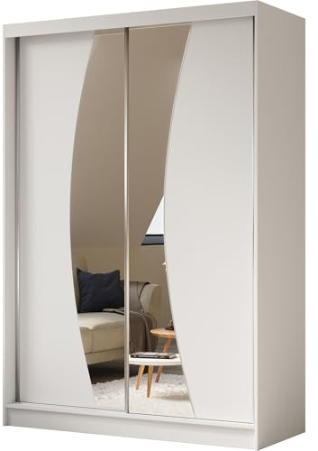 BEAUTY SOFA Vox - Schrank mit Spiegel - Kleiderschrank mit Schiebetüren - Garderobenschrank, Mehrzweckschrank, Flurschrank - 150cm breit - Weiß Matt