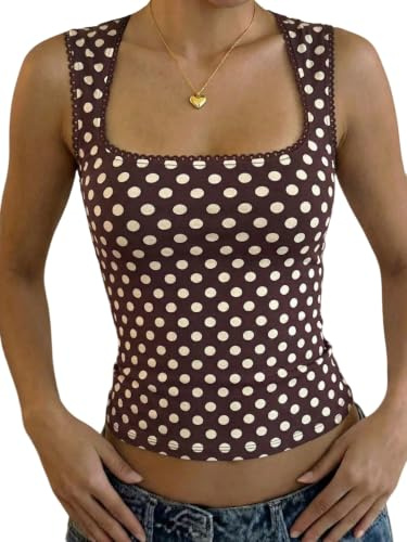 GORGLITTER Damen Top Y2k Tanktop mit Polka Dots Muster Quadratischer Ausschnitt Croptop mit Spitze Figurbetont Sommertop Partytop