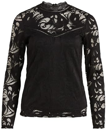 Vila Women's Vistasia L/S Lace Top Noos Long Sleeve Shirt, Black (Black Black), Large