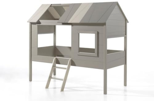 Charlotte Baumhaus Bett 90 x 200 cm Liegefläche inkl. Vorhang Set, Creme-Weiß, Grau