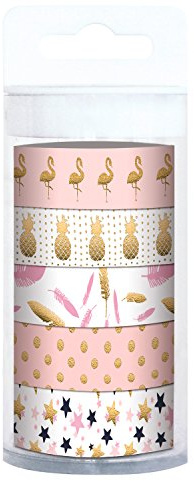 Ursus 58870001 - Masking Tape Set, Tropic, gold, Klebeband aus Papier, ca. 15 mm x 10 m, 5 Stück, einseitig bedruckt, teilweise folienveredelt, lösungsmittel und säurefrei, ideal für Scrapbooking