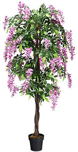 COSTWAY Kunstbaum mit Blüten, Kunstpflanze groß im Topf, Zimmerpflanze mit natürlichen Blättern & 2 Stämmen, Künstlicher Blumen Pflanze Baum Kunstblume Rosa, Deko Pflanze künstlich, Grünpflanze 180 cm