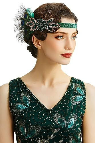 BABEYOND Damen 1920er Feder Stirnband 20er Jahre Stil Flapper Charleston Haarband Great Gatsby Damen Fasching Kostüm Accessoires Dunkelgrün