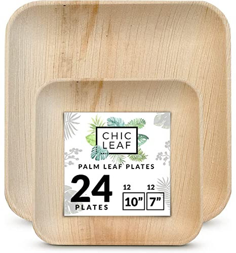Chic Leaf Bamboo Disposable Plates - 10 Inch & 7 Inch Square (24 Pc), Compostable & Biodegradable, Heavy-Duty Party Plates Dinnerware Set