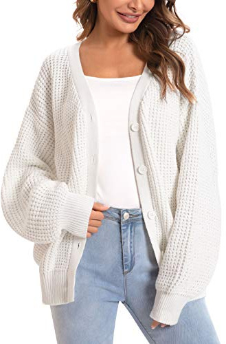 QUALFORT Women's Oversized 100% Cotton Cardigan Sweater Off-White